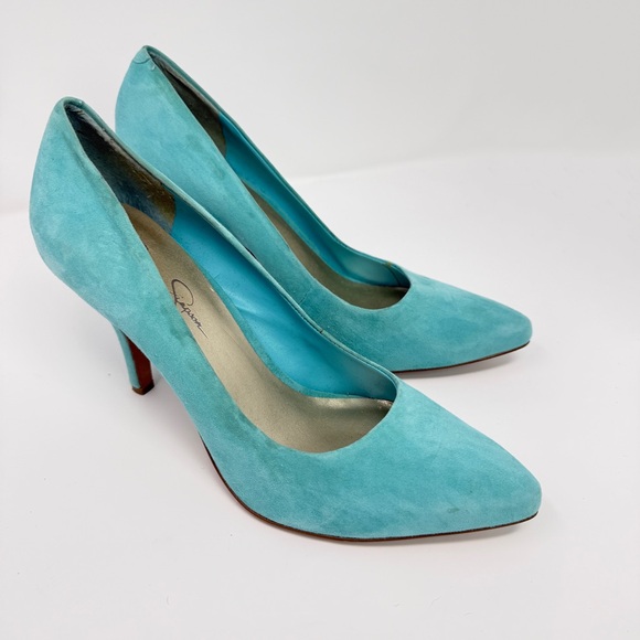 Jessica Simpson Avenx Blue Bell Aqua Suede Pointed Toe Pumps Women's Size 10W - Picture 2 of 16